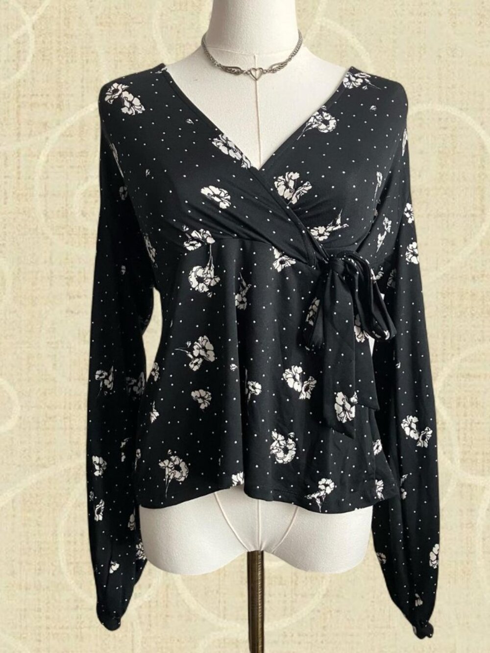 Black Floral Wrap V Neck Blouse – Size Medium